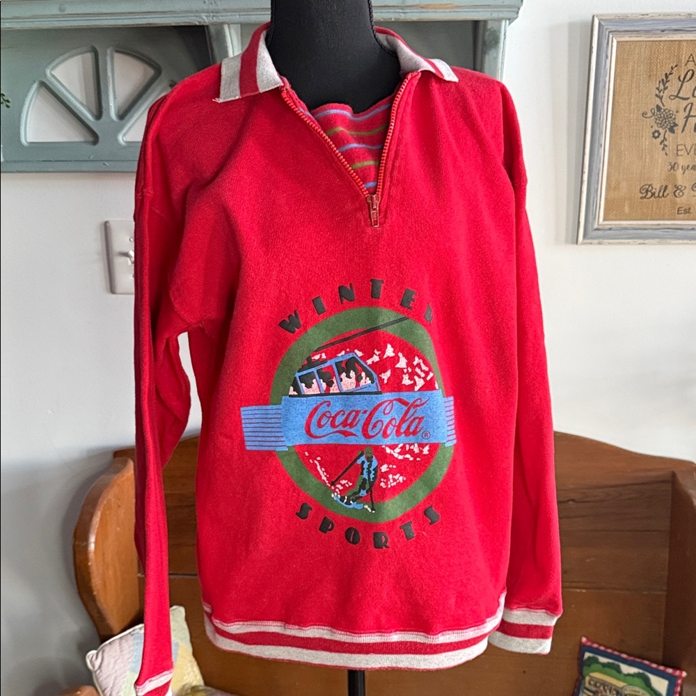 Vintage 1980’s Coca-Cola Red and White Striped Collar Sweatshirt